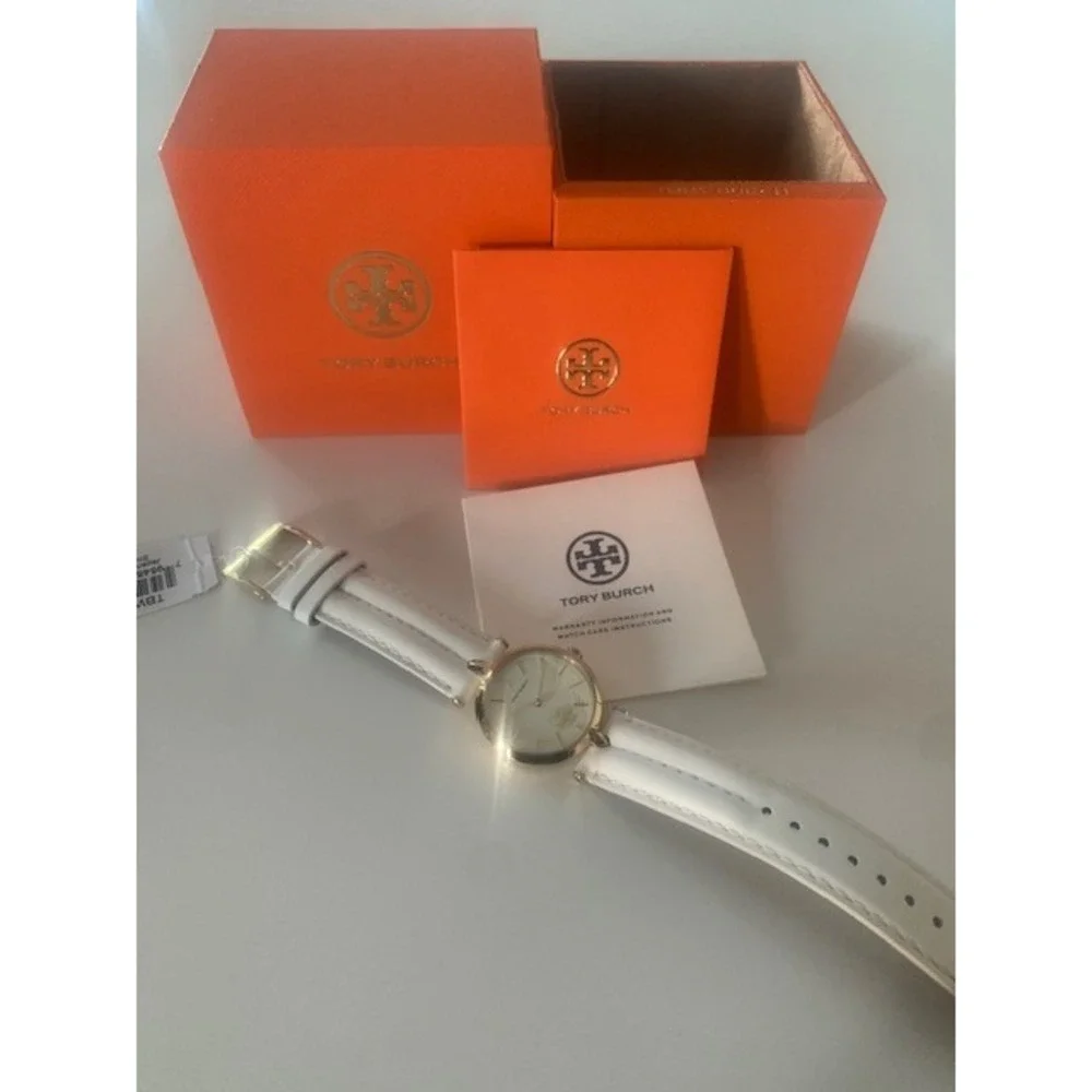 Tory Burch TBW2040 Gold Tone White Leather Band‎ Logo Dial Women's Watch NIB
